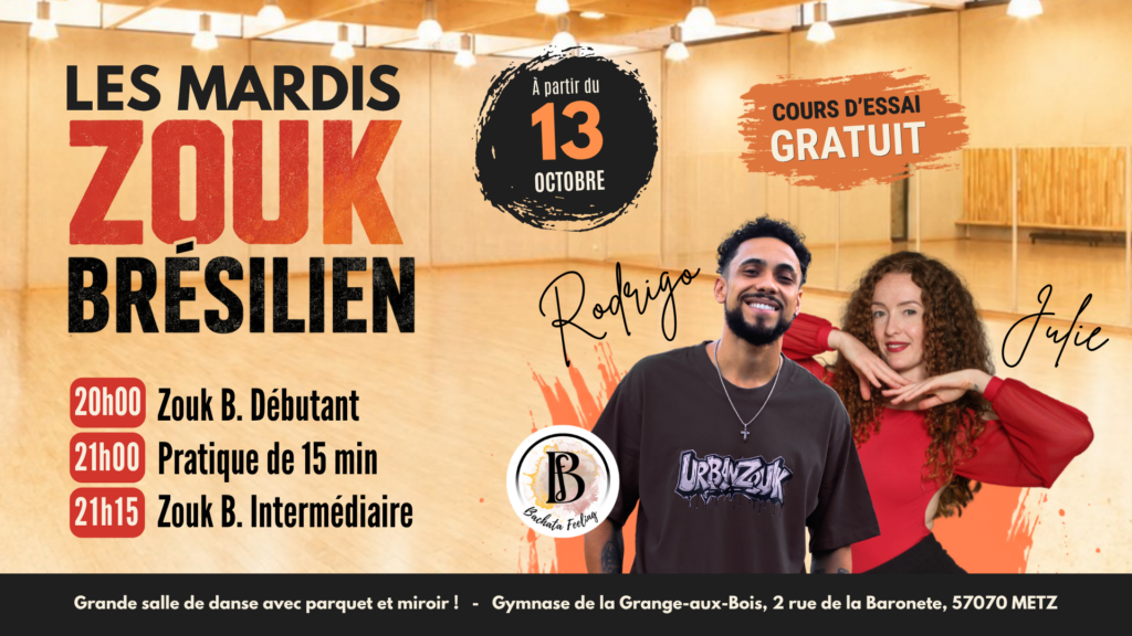 Les mardis zouk brésilien à metz cours de danse de couple débutant avec rodrigo et julie flyer facebook salle de danse avec miroirs